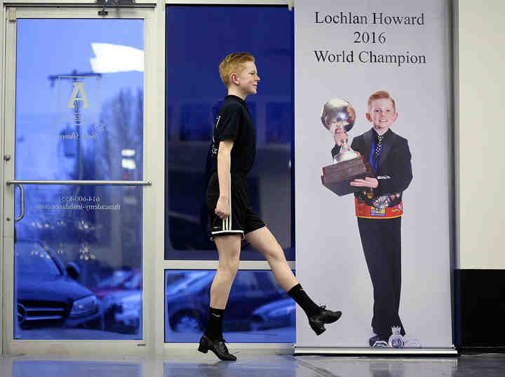 Lochlan "Lucky" Howard, 13, of New Albany, practices Irish dancing at The Academy in Westerville. Lucky recently returned from Scotland after winning his third world championship for Irish dancing in his age group.  (Jonathan Quilter / The Columbus Dispatch)